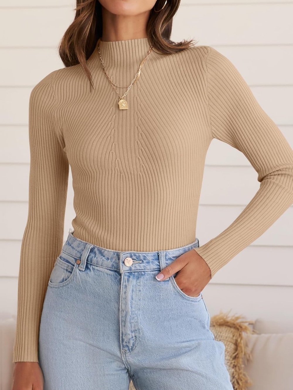 Ribbed Turtleneck Long-Sleeve Top in Tan